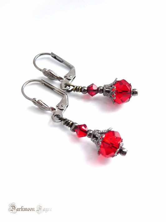 Vibrant Red Victorian Bauble Gunmetal Earrings. Swarovski Crystal. Titanium Option. Christmas & Yule - Darkmoon Fayre