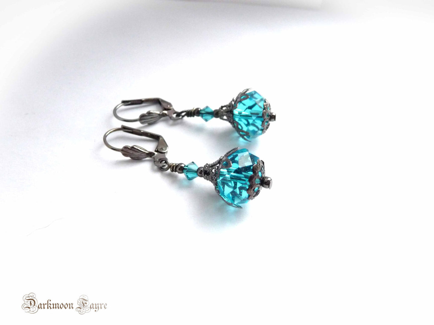 Victorian Bauble Serenity Blue Earrings. Swarovski Crystal & Gunmetal. Niobium Ear-wire Option - Darkmoon Fayre