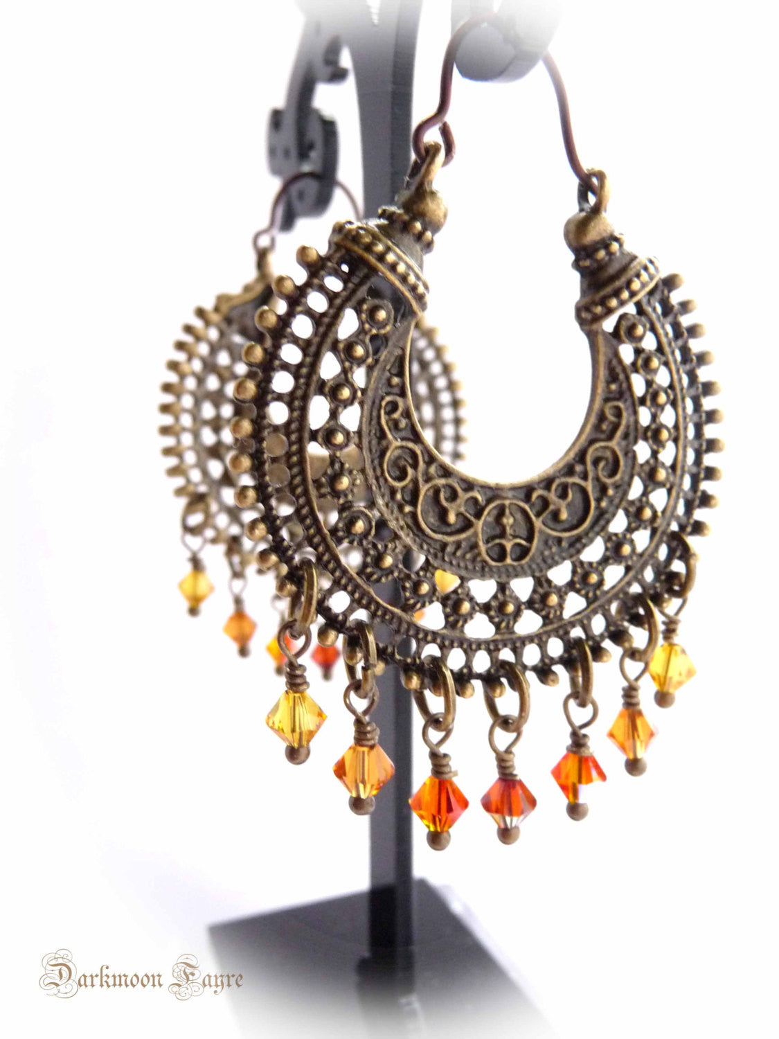Fire Dancer Gypsy Hoops. Ombre Shades of Flame Swarovski Crystals. Niobium Ear-wire. Antiqued Bronze - Darkmoon Fayre