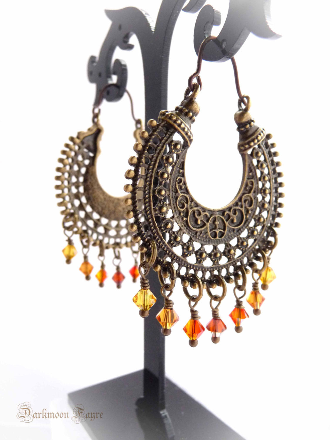Fire Dancer Gypsy Hoops. Ombre Shades of Flame Swarovski Crystals. Niobium Ear-wire. Antiqued Bronze - Darkmoon Fayre