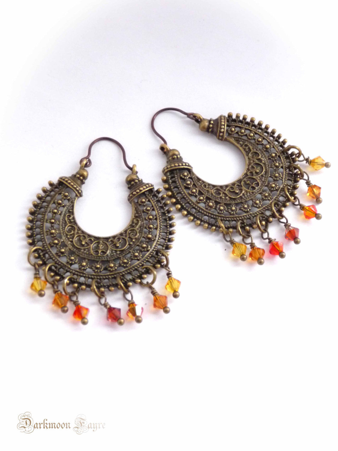 Fire Dancer Gypsy Hoops. Ombre Shades of Flame Swarovski Crystals. Niobium Ear-wire. Antiqued Bronze - Darkmoon Fayre