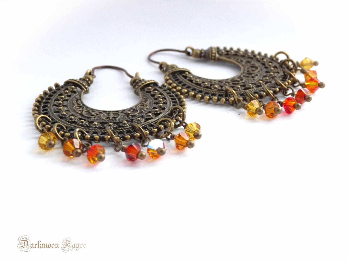 Fire Dancer Gypsy Hoops. Ombre Shades of Flame Swarovski Crystals. Niobium Ear-wire. Antiqued Bronze - Darkmoon Fayre