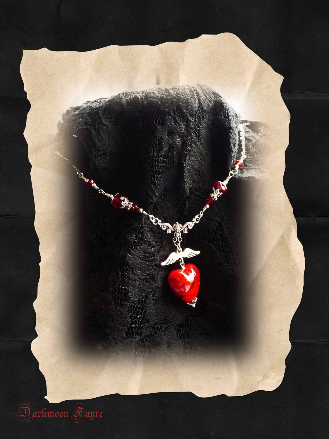 Wings of Love Choker. Tattoo Inspired Red Glass Heart &Wings. Hand Wired. Lampwork Heart. Floral Rosary Style Connector. Swarovski Crystals - Darkmoon Fayre