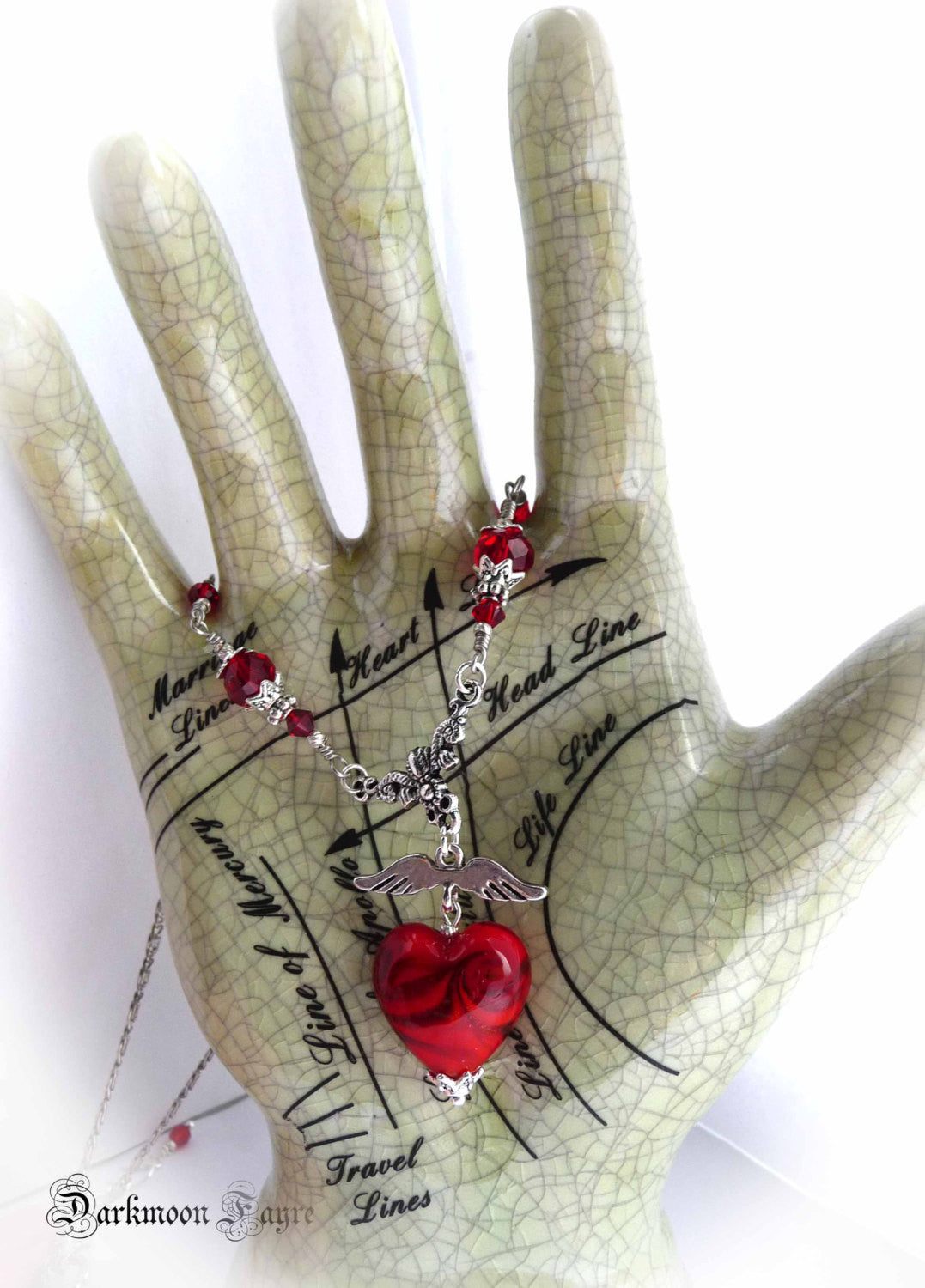 Wings of Love Choker. Tattoo Inspired Red Glass Heart &Wings. Hand Wired. Lampwork Heart. Floral Rosary Style Connector. Swarovski Crystals - Darkmoon Fayre