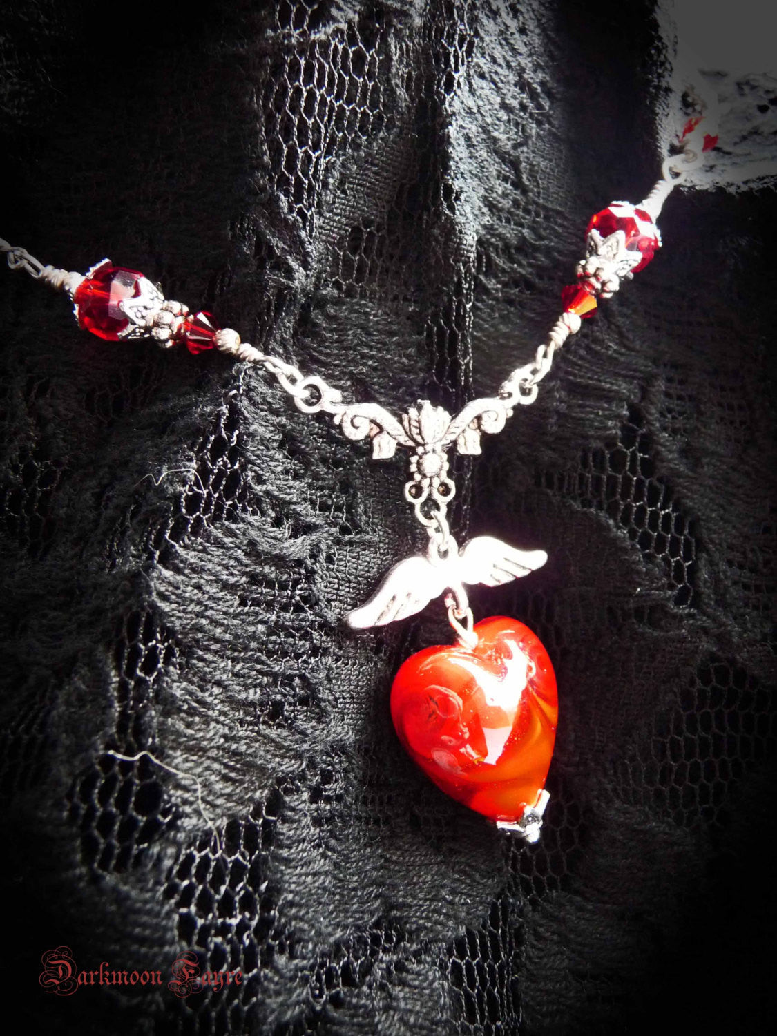 Wings of Love Choker. Tattoo Inspired Red Glass Heart &Wings. Hand Wired. Lampwork Heart. Floral Rosary Style Connector. Swarovski Crystals - Darkmoon Fayre
