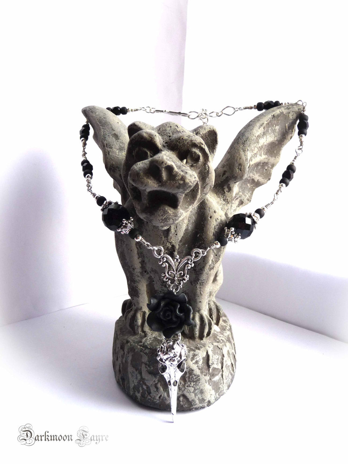 ***Black Rose & Tattooed Silver Bird Skull Rosary Necklace/ Choker. Jet Black Faceted Vintage, Fire Polished and Matte Black Glass Beads - Darkmoon Fayre
