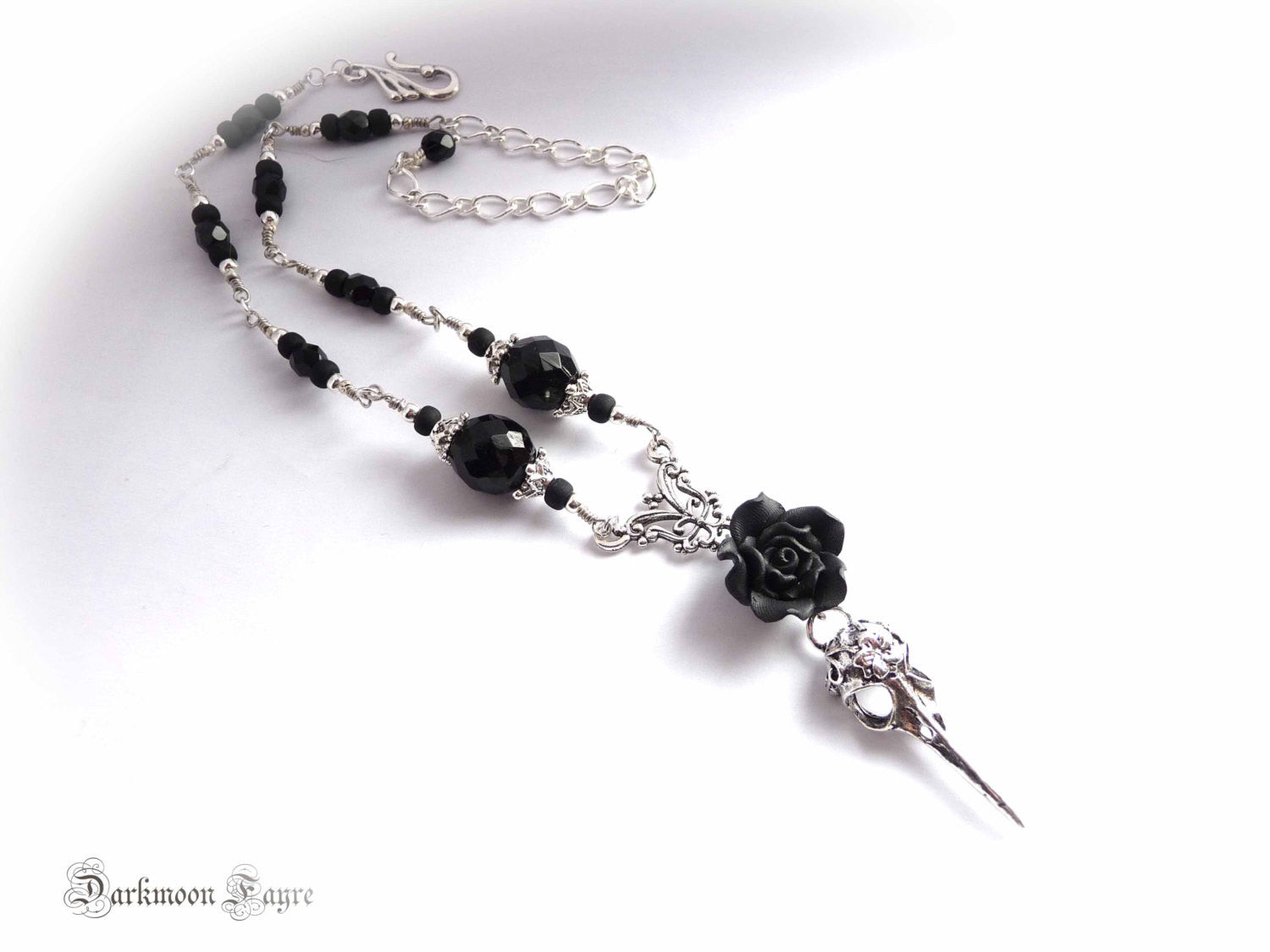 ***Black Rose & Tattooed Silver Bird Skull Rosary Necklace/ Choker. Jet Black Faceted Vintage, Fire Polished and Matte Black Glass Beads - Darkmoon Fayre