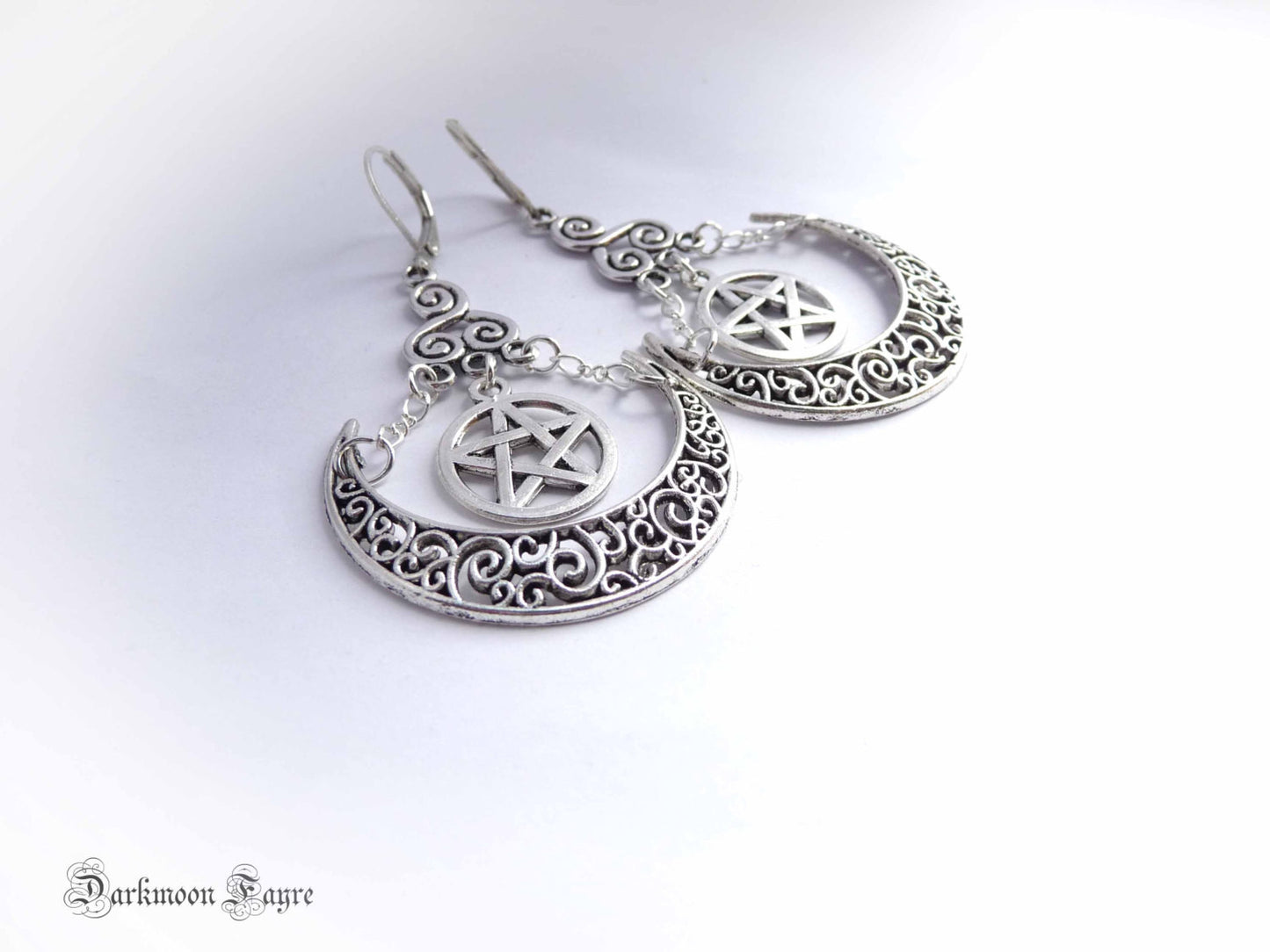 Artemis Crescent Moon Goddess Earrings. Pentacle, Triskele, Tibetan Silver. Gypsy Tribal Style - Darkmoon Fayre