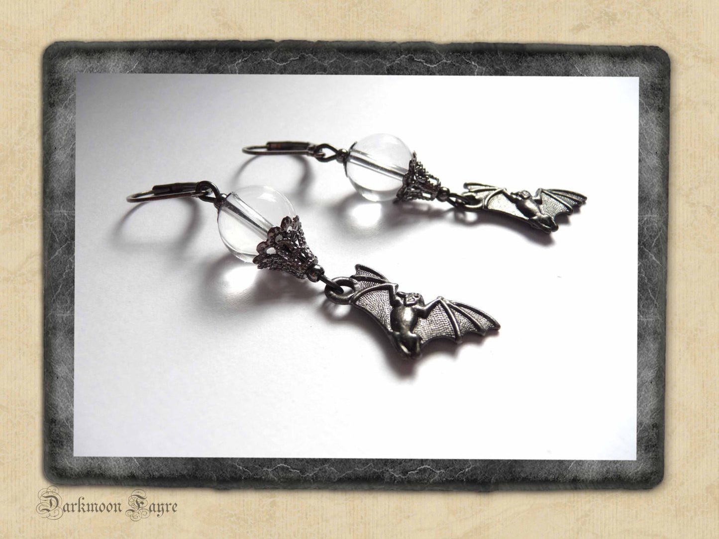 Clear Quartz Moon & Flying Bat Earrings. Black Oxidised Pewter, Gunmetal Wire.Niobium Earwire Option - Darkmoon Fayre