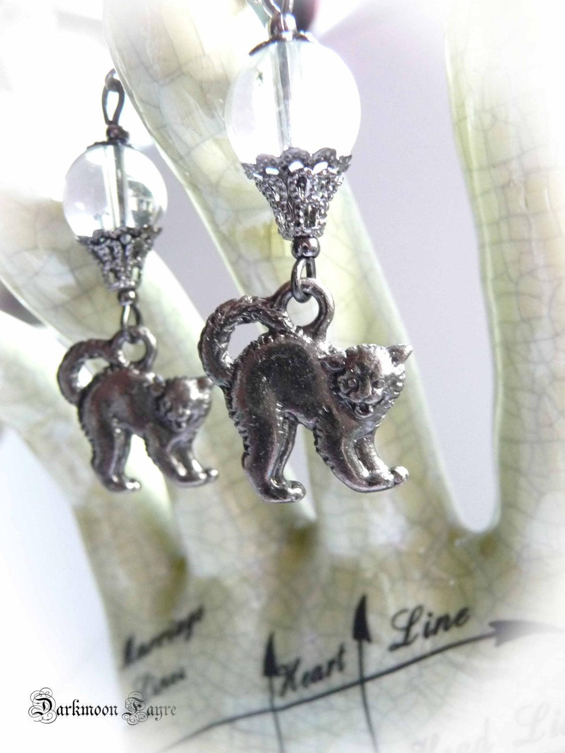Quartz Crystal Ball & Black Cat Earrings. Gunmetal. 925 & Niobium Earwire Options. Halloween Gift - Darkmoon Fayre