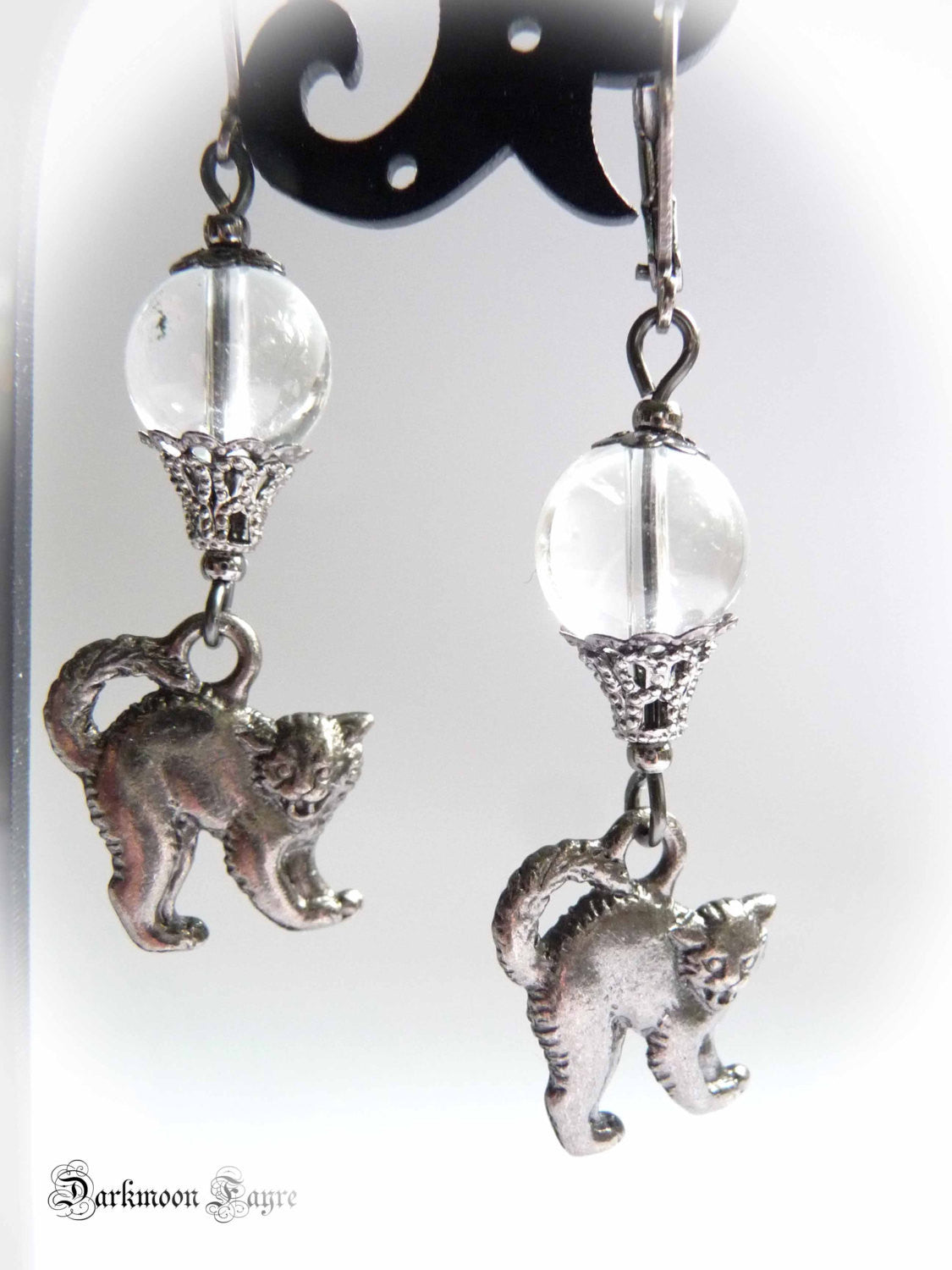 Quartz Crystal Ball & Black Cat Earrings. Gunmetal. 925 & Niobium Earwire Options. Halloween Gift - Darkmoon Fayre