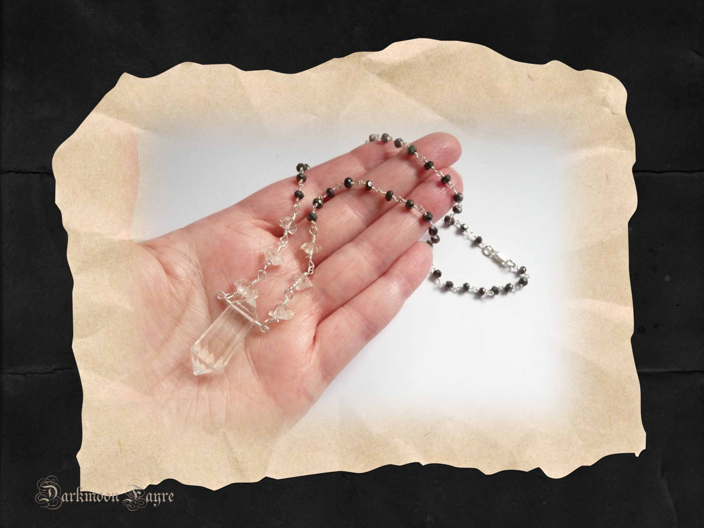 Herkimer Diamond & Clear Quartz Point Necklace. Black Spinel Rosary Chain. All 925 Sterling Silver - Darkmoon Fayre