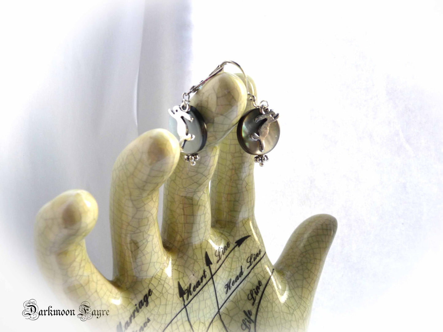 Freyja Earrings. Tibetan Silver Hares & Black Shell Full Moons. Easter Earrings. 925 Silver Option - Darkmoon Fayre