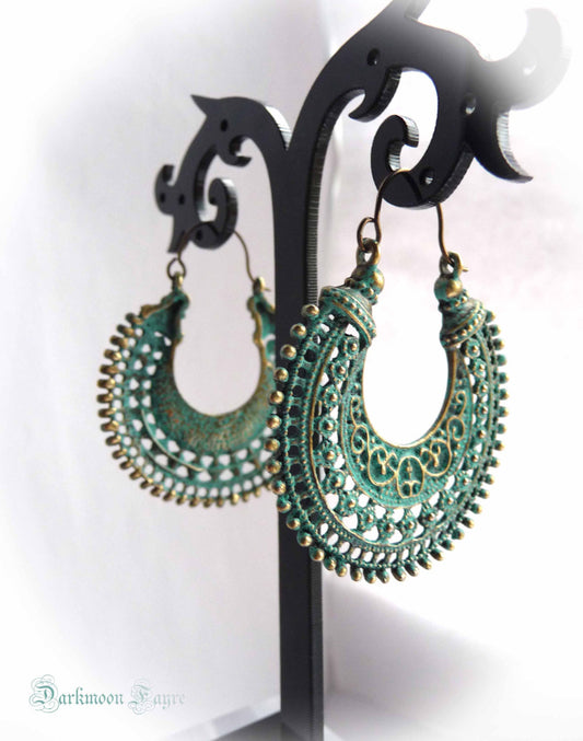 Tribal Bohemian Hoops. Hypo-Allergenic Niobium Ear-Wires. Verdigris Bronze. Gypsy Earrings - Darkmoon Fayre