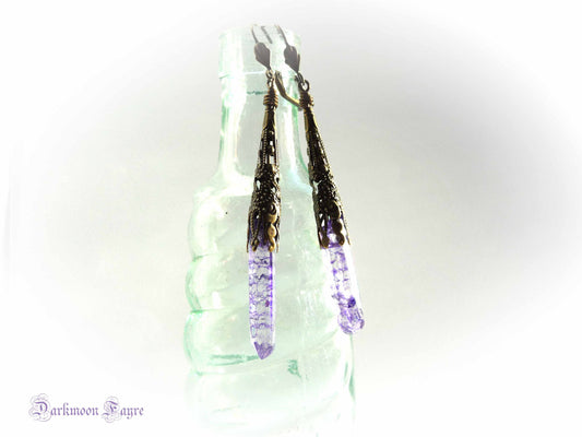 Dark Caster Crystal Wand Earrings. Mystic Purple Quartz Points. Shoulder Dusters. Antiqued Bronze Filigree. - Darkmoon Fayre