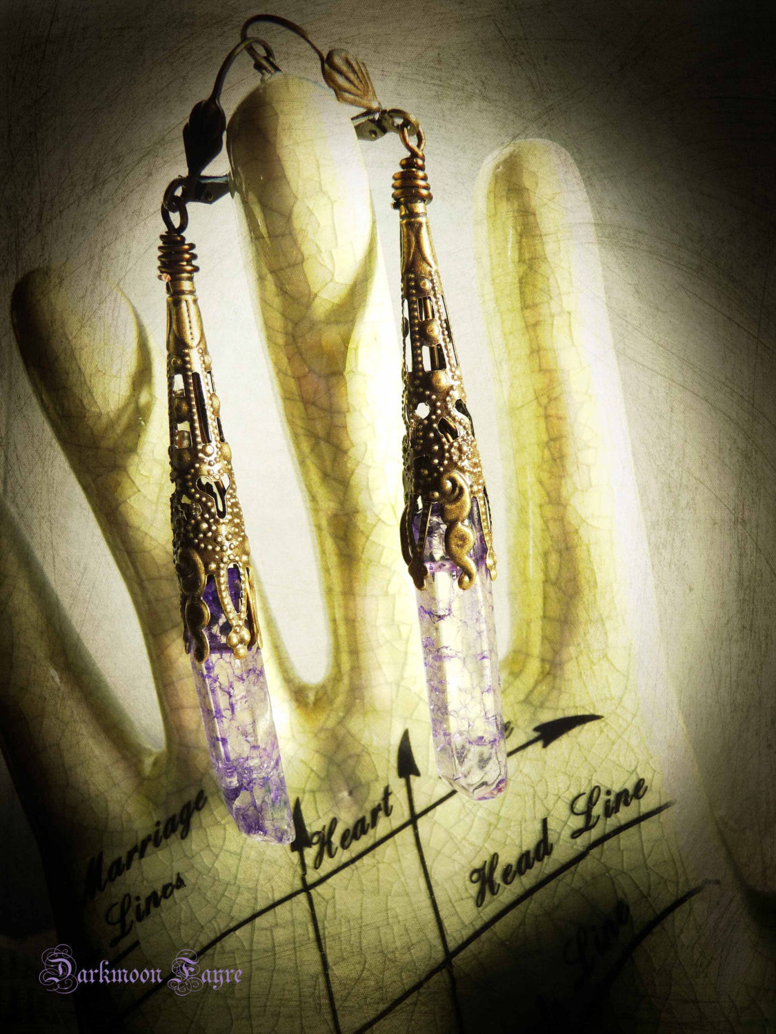 Dark Caster Crystal Wand Earrings. Mystic Purple Quartz Points. Shoulder Dusters. Antiqued Bronze Filigree. - Darkmoon Fayre