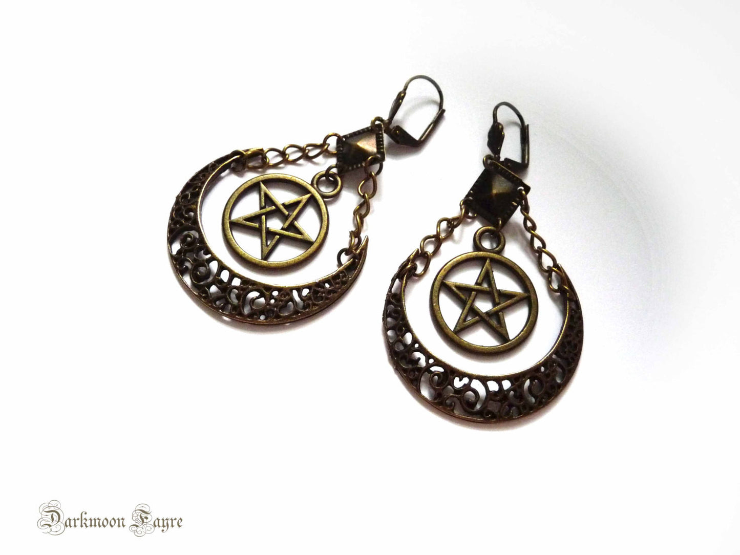 Artemis Moon Goddess Earrings. Pentacle & Crescent Moon in Bronze Tibetan Silver. Gypsy/Tribal Hoops - Darkmoon Fayre
