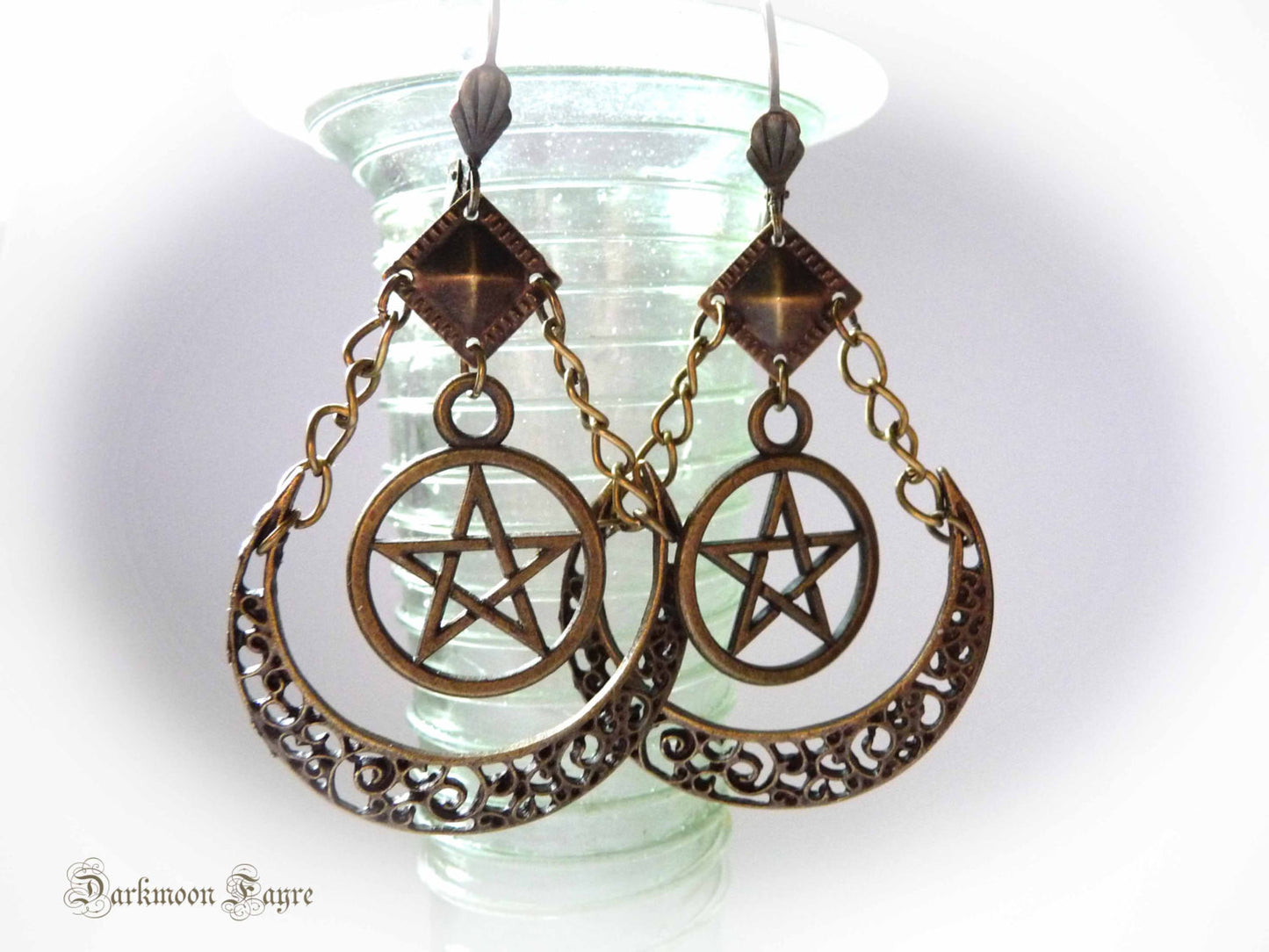 Artemis Moon Goddess Earrings. Pentacle & Crescent Moon in Bronze Tibetan Silver. Gypsy/Tribal Hoops - Darkmoon Fayre
