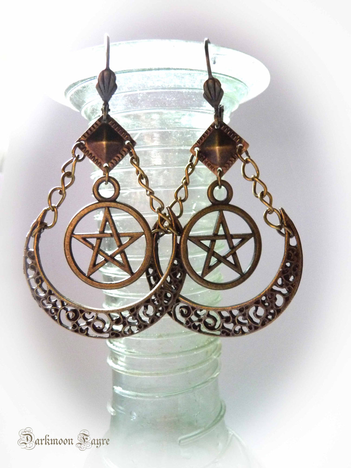 Artemis Moon Goddess Earrings. Pentacle & Crescent Moon in Bronze Tibetan Silver. Gypsy/Tribal Hoops - Darkmoon Fayre