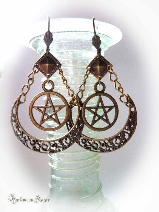 Artemis Moon Goddess Earrings. Pentacle & Crescent Moon in Bronze Tibetan Silver. Gypsy/Tribal Hoops - Darkmoon Fayre