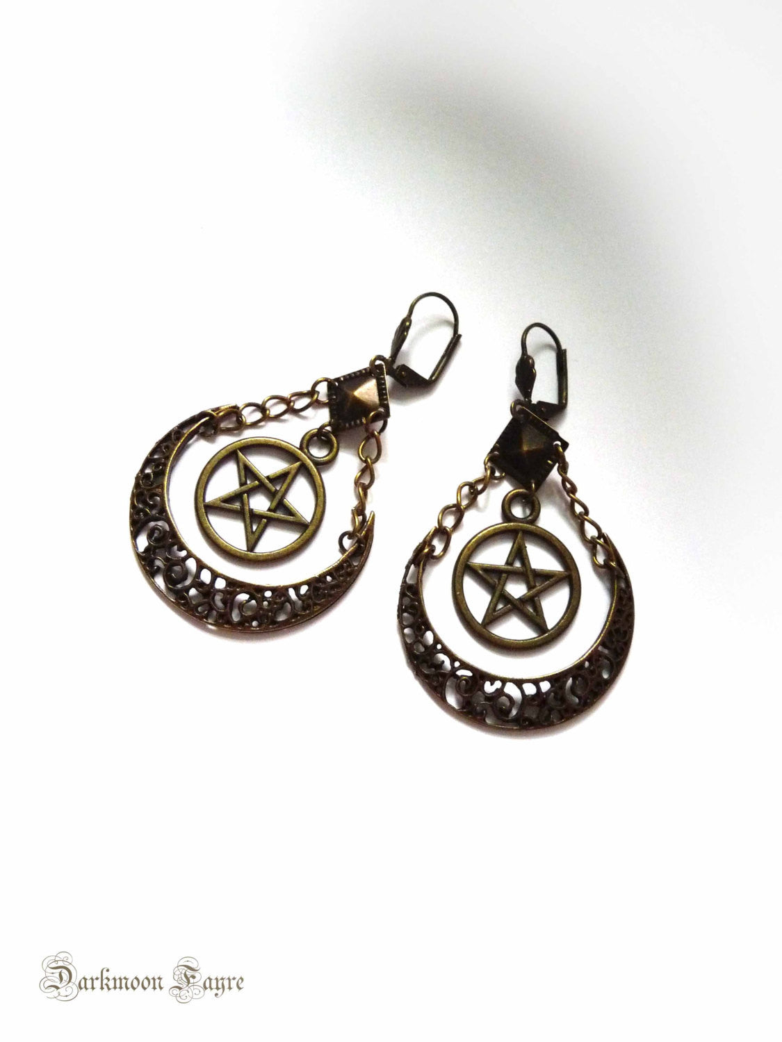 Artemis Moon Goddess Earrings. Pentacle & Crescent Moon in Bronze Tibetan Silver. Gypsy/Tribal Hoops - Darkmoon Fayre