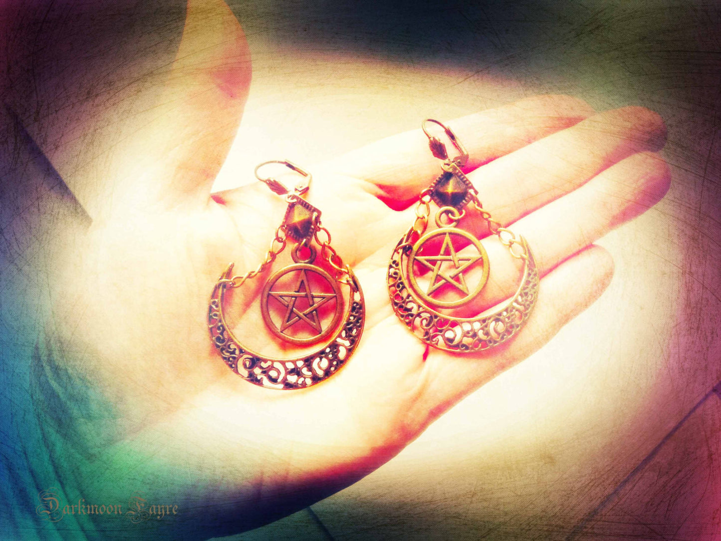 Artemis Moon Goddess Earrings. Pentacle & Crescent Moon in Bronze Tibetan Silver. Gypsy/Tribal Hoops - Darkmoon Fayre