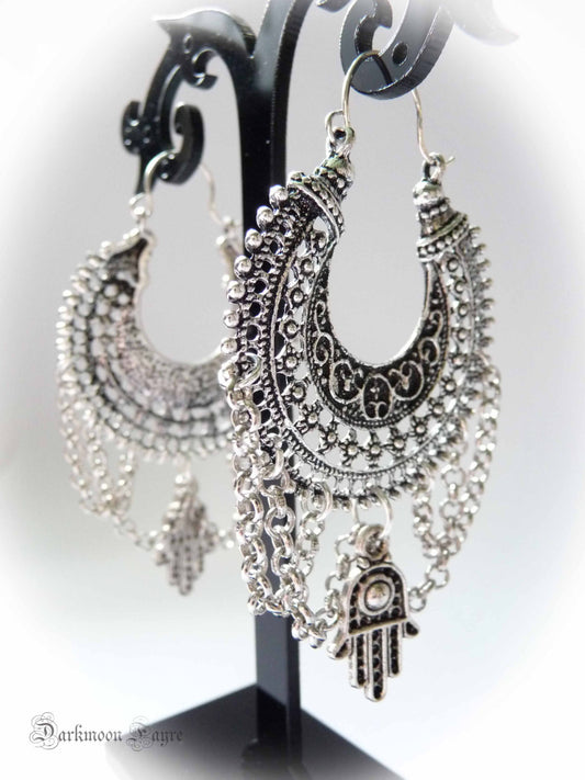 Hamsa Tribal Hoops. Sterling Silver Ear-wire. Tribal Tibetan Silver Hoops. BoHo Chic.Tribal Bellydancer. Chain Dangles. Gypsy Hoops. - Darkmoon Fayre