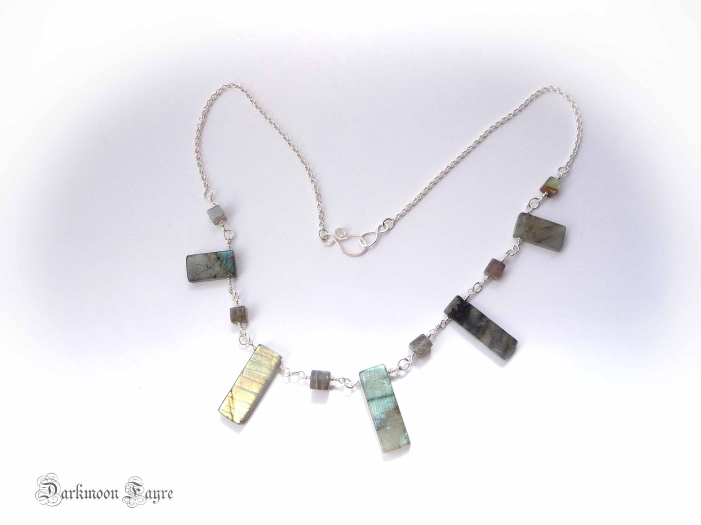 ***Monolithic, Labradorite&Sterling Silver Rosary Link Necklace. Hand Wrapped Wire + Hand Forged Swirl Clasp. All 925 Silver.One Of A Kind OOAK - Darkmoon Fayre