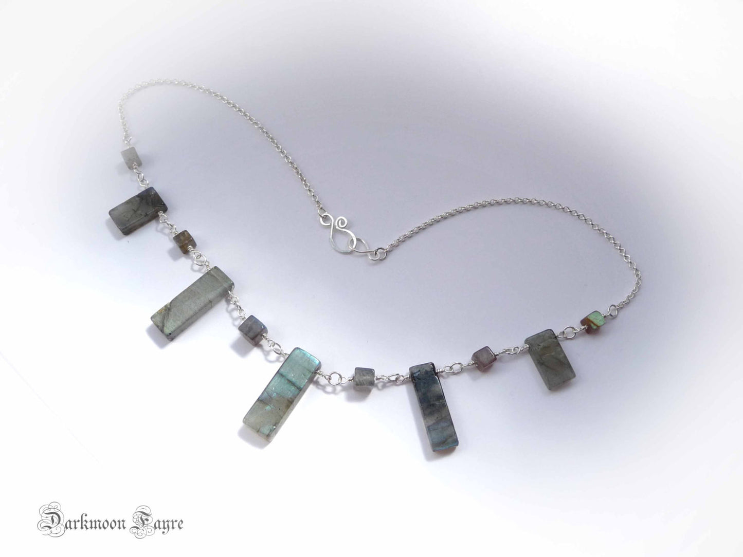 ***Monolithic, Labradorite&Sterling Silver Rosary Link Necklace. Hand Wrapped Wire + Hand Forged Swirl Clasp. All 925 Silver.One Of A Kind OOAK - Darkmoon Fayre