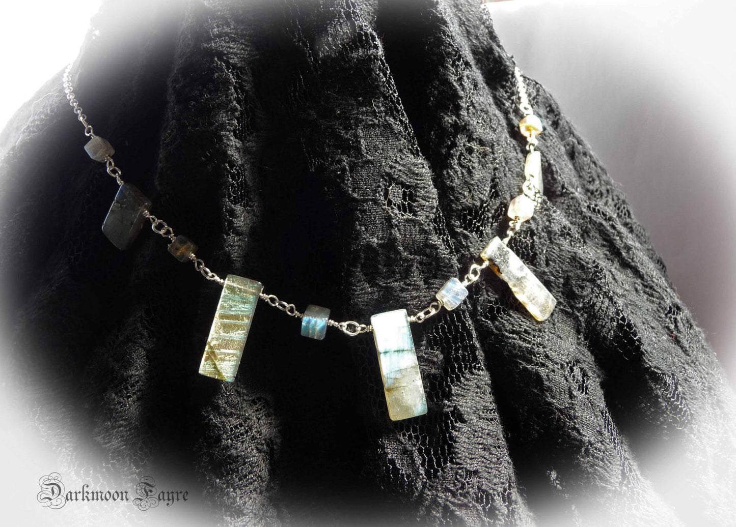 ***Monolithic, Labradorite&Sterling Silver Rosary Link Necklace. Hand Wrapped Wire + Hand Forged Swirl Clasp. All 925 Silver.One Of A Kind OOAK - Darkmoon Fayre