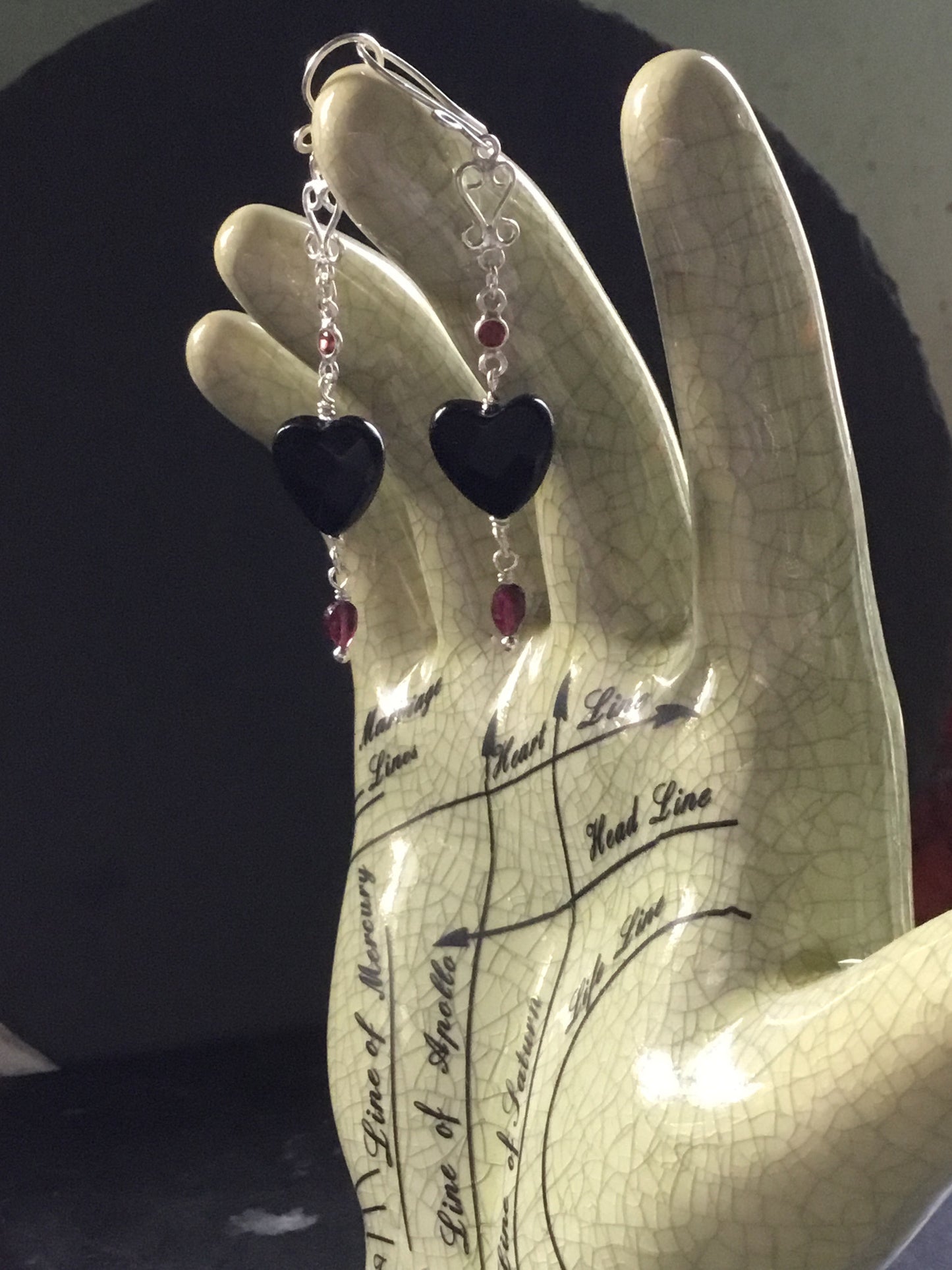 Black Onyx & Garnet Drop Heart Earrings. All 925 Sterling Silver. “Bloody Valentine Collection” - Darkmoon Fayre