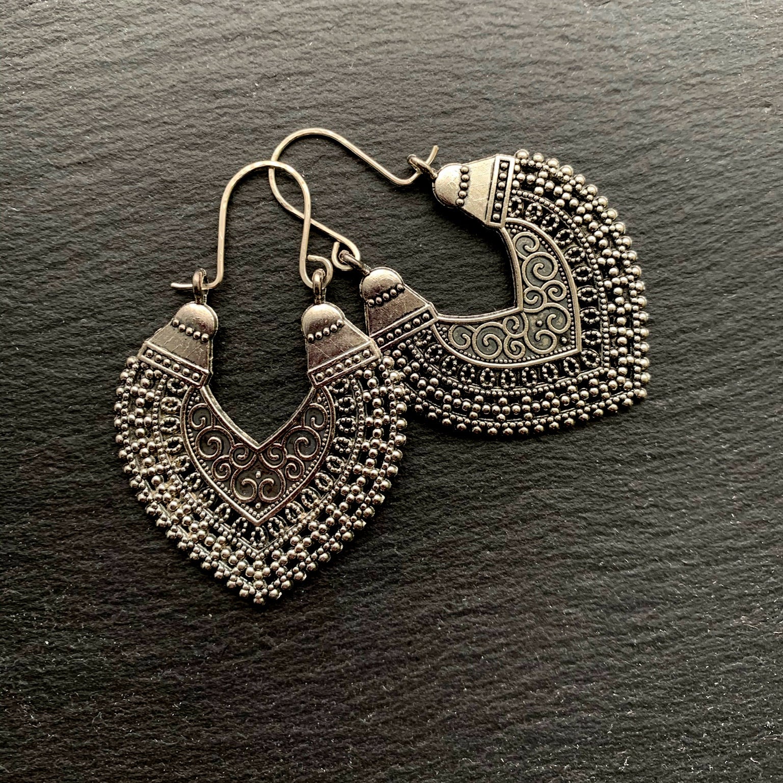 Vintage Tribal Sterling Silver Hoop Earrings, Ethnic Boho Jewelry