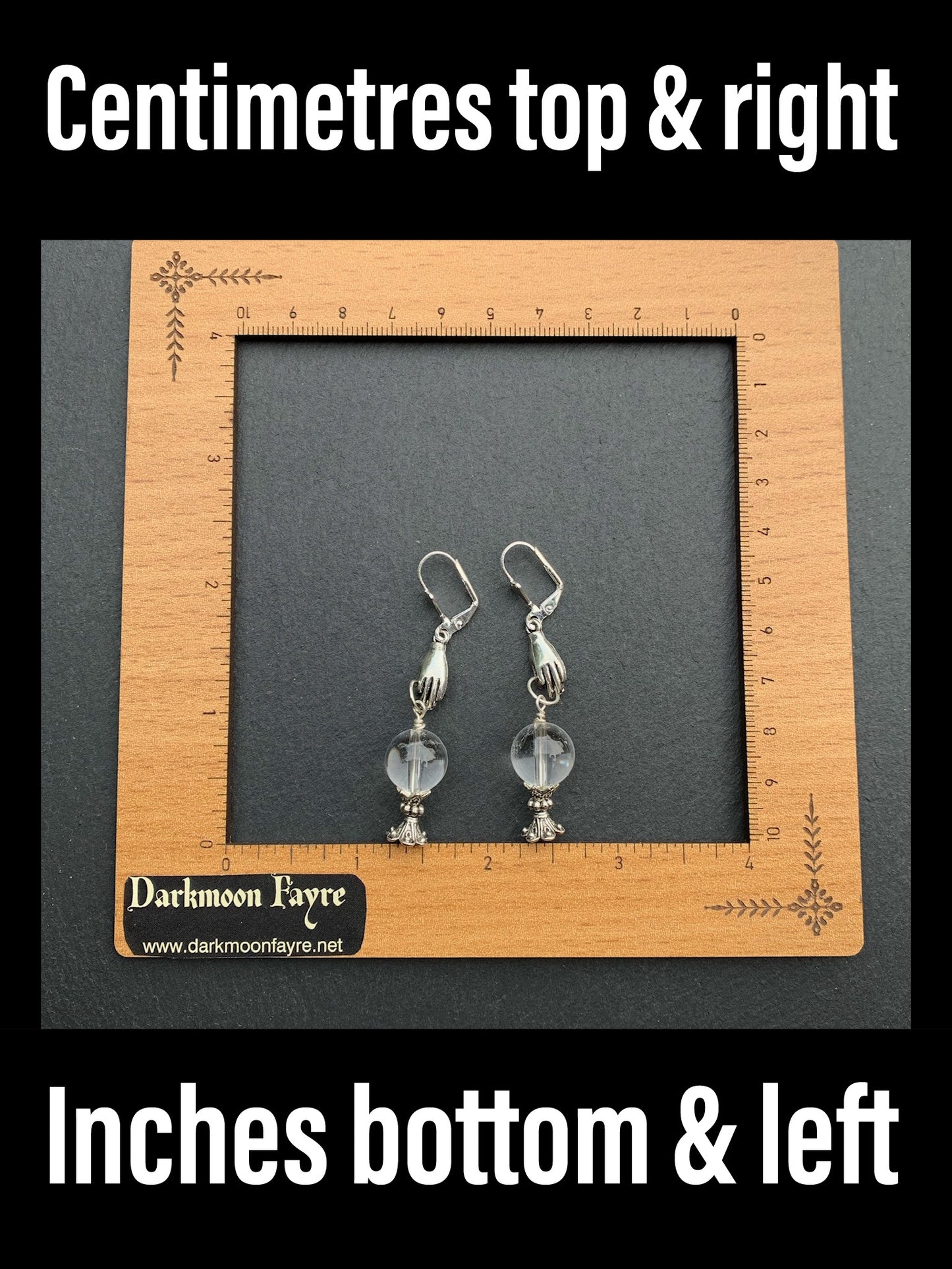 Fortune Teller Earrings With Clear Quartz Crystal Balls And Cast Pewter Hand. 925 Silver + Titanium Ear-wire Options - Darkmoon Fayre