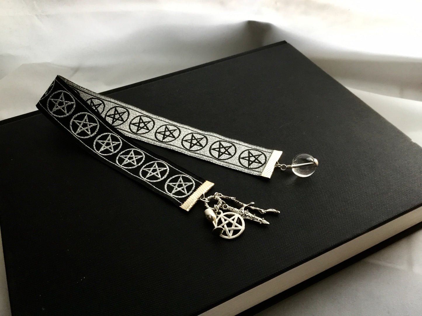 Fortune Teller’s Bookmark. Pentacle Silver Jacquard Ribbon. Tarot Suite Charms,Quartz Crystal “Ball" - Darkmoon Fayre