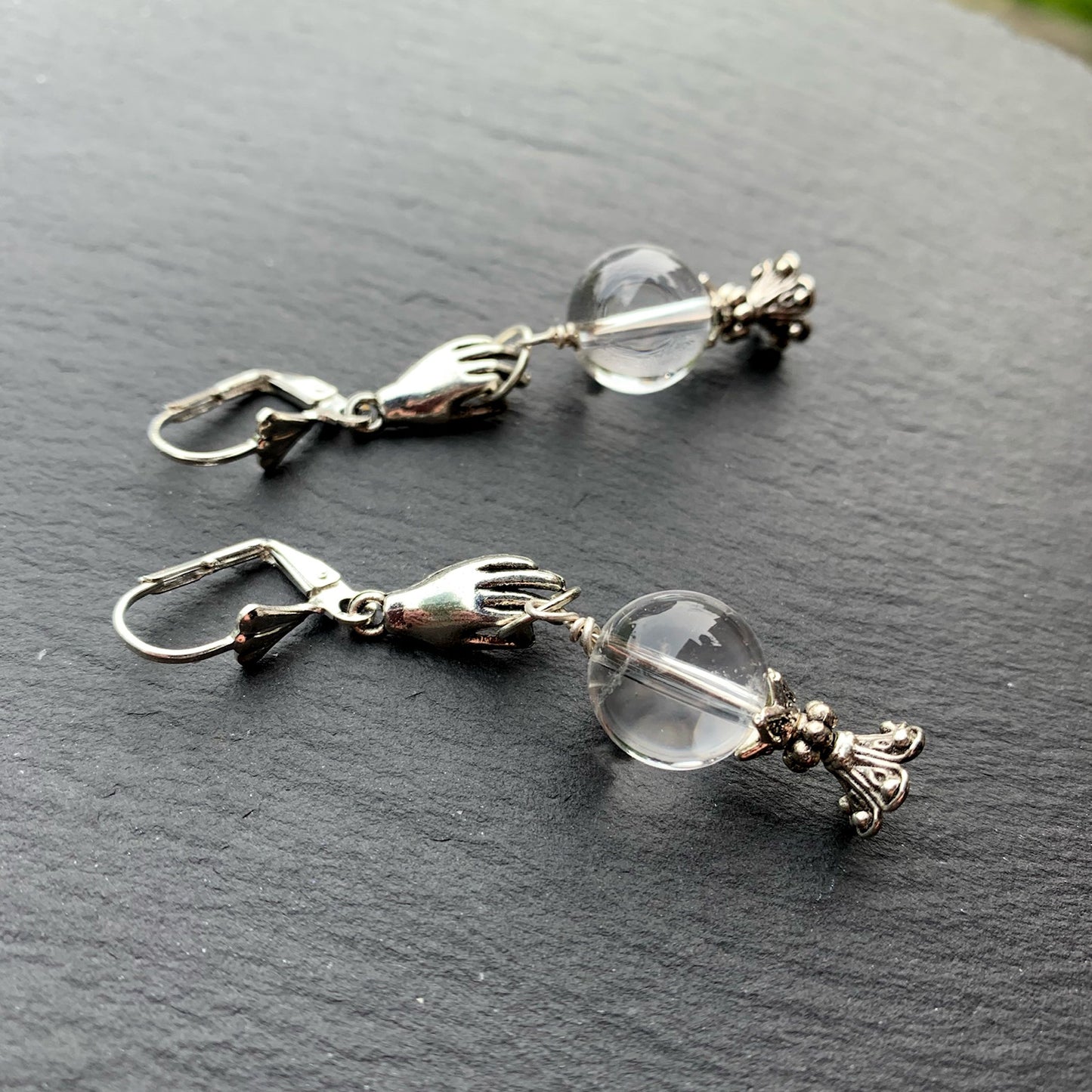Fortune Teller Earrings With Clear Quartz Crystal Balls And Cast Pewter Hand. 925 Silver + Titanium Ear-wire Options - Darkmoon Fayre