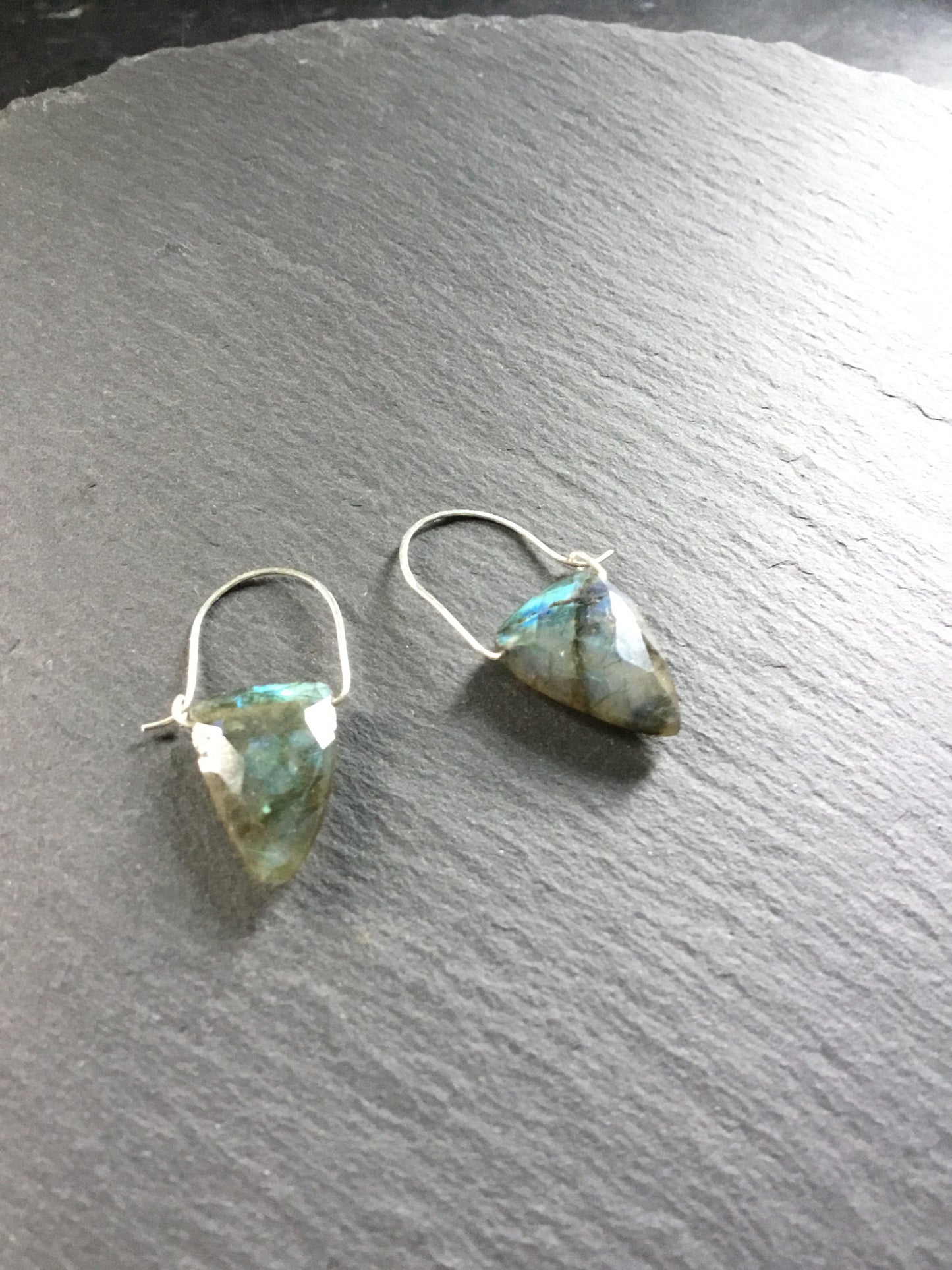 ***Labradorite "Tooth" Earrings. All Sterling Silver Hand Forged Hoop Ear-wires. Labradorite Irregular Faceted Triangles. - Darkmoon Fayre