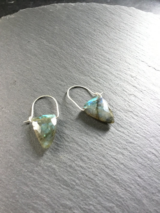 ***Labradorite "Tooth" Earrings. All Sterling Silver Hand Forged Hoop Ear-wires. Labradorite Irregular Faceted Triangles. - Darkmoon Fayre