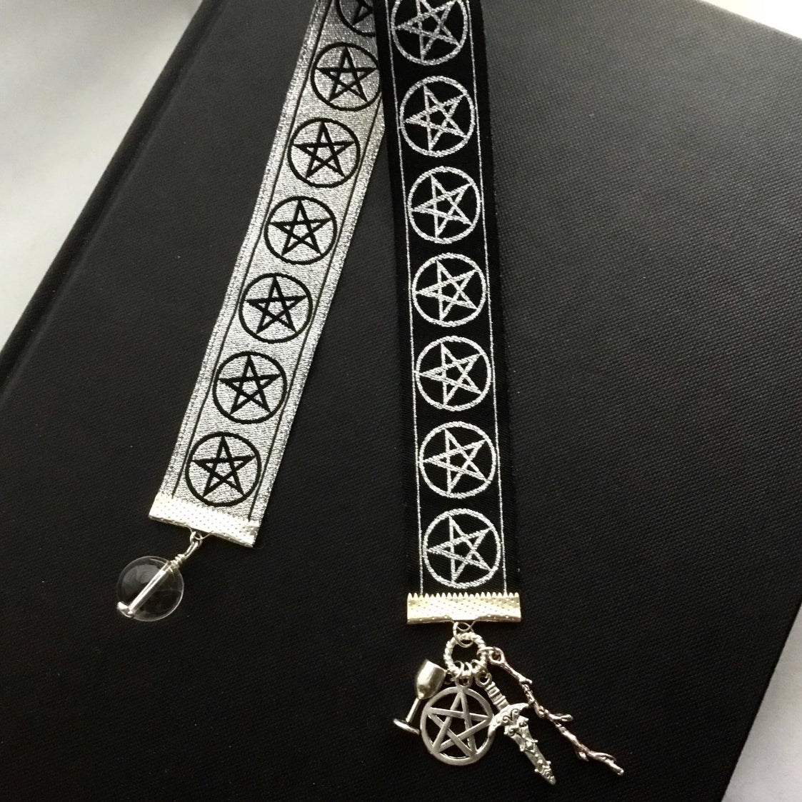 Fortune Teller’s Bookmark. Pentacle Silver Jacquard Ribbon. Tarot Suite Charms,Quartz Crystal “Ball" - Darkmoon Fayre