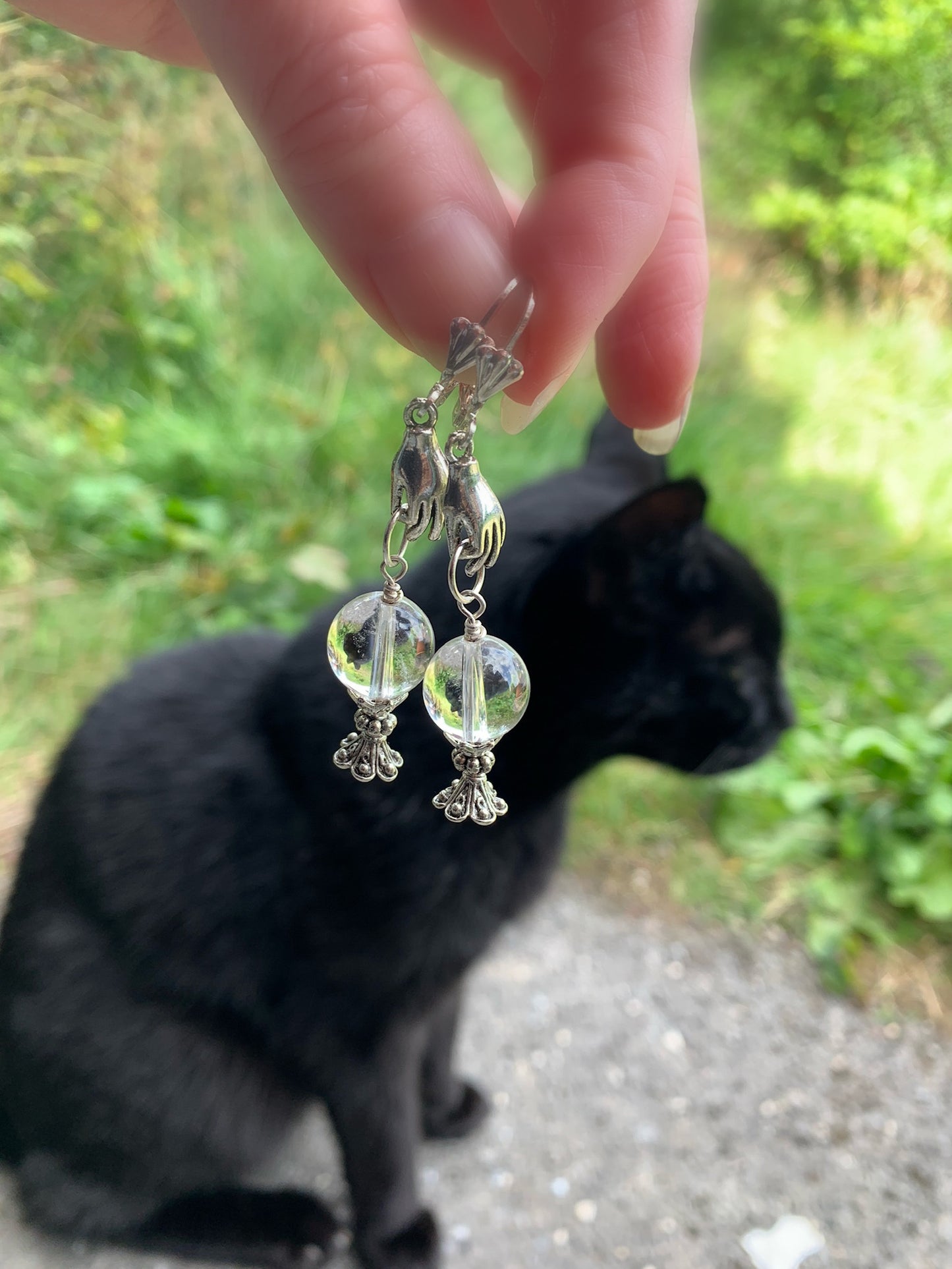 Fortune Teller Earrings With Clear Quartz Crystal Balls And Cast Pewter Hand. 925 Silver + Titanium Ear-wire Options - Darkmoon Fayre