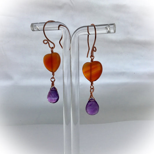 Carnelian Heart and Amethyst Drop Earrings.  Rose Gold Plated Hand Forged Ear-wires. - Darkmoon Fayre