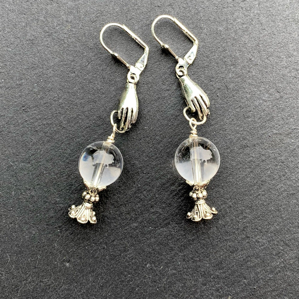 Fortune Teller Earrings With Clear Quartz Crystal Balls And Cast Pewter Hand. 925 Silver + Titanium Ear-wire Options - Darkmoon Fayre