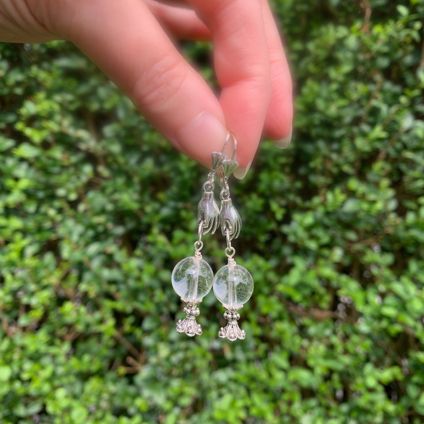 Fortune Teller Earrings With Clear Quartz Crystal Balls And Cast Pewter Hand. 925 Silver + Titanium Ear-wire Options - Darkmoon Fayre