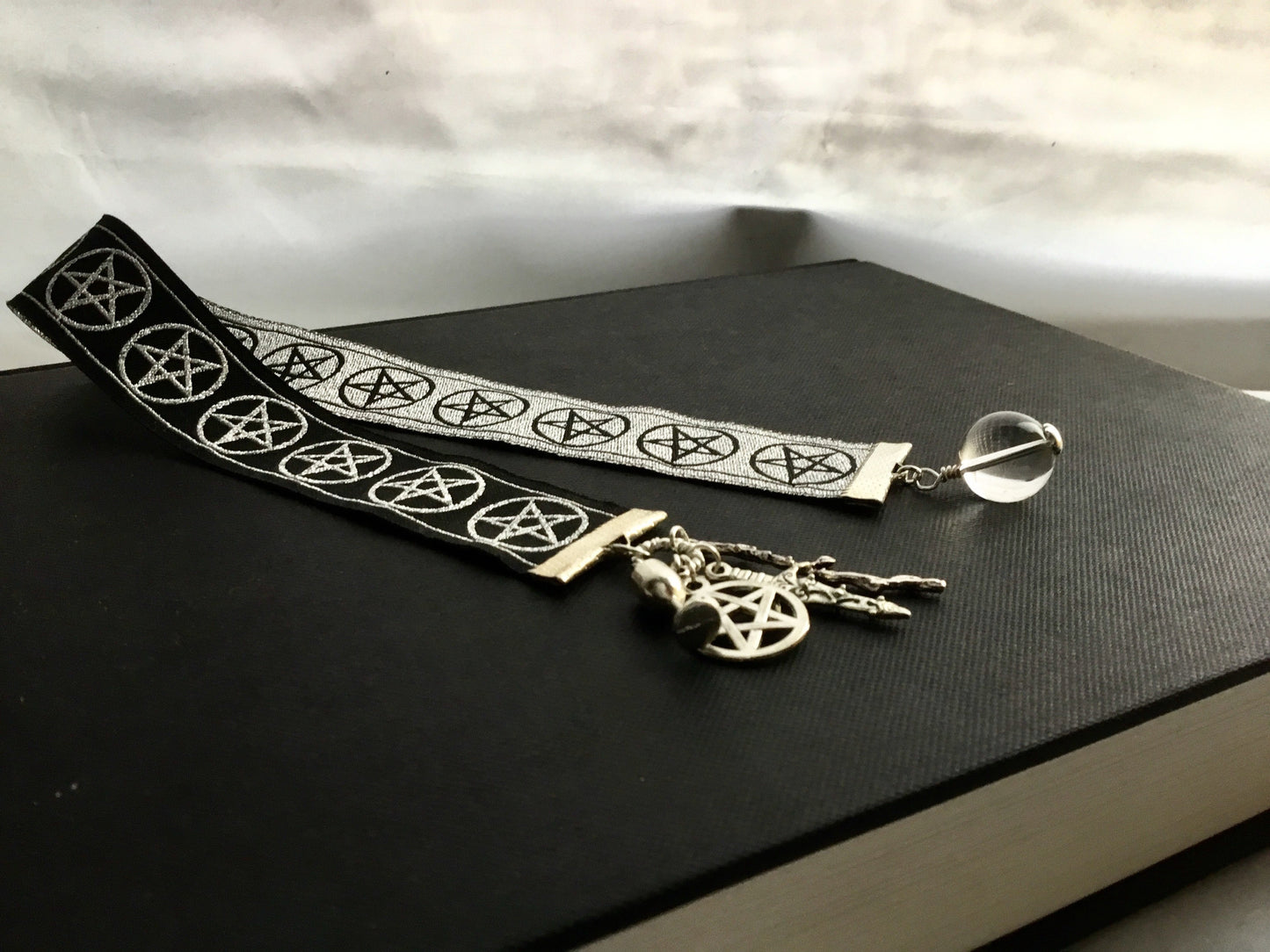 Fortune Teller’s Bookmark. Pentacle Silver Jacquard Ribbon. Tarot Suite Charms,Quartz Crystal “Ball" - Darkmoon Fayre