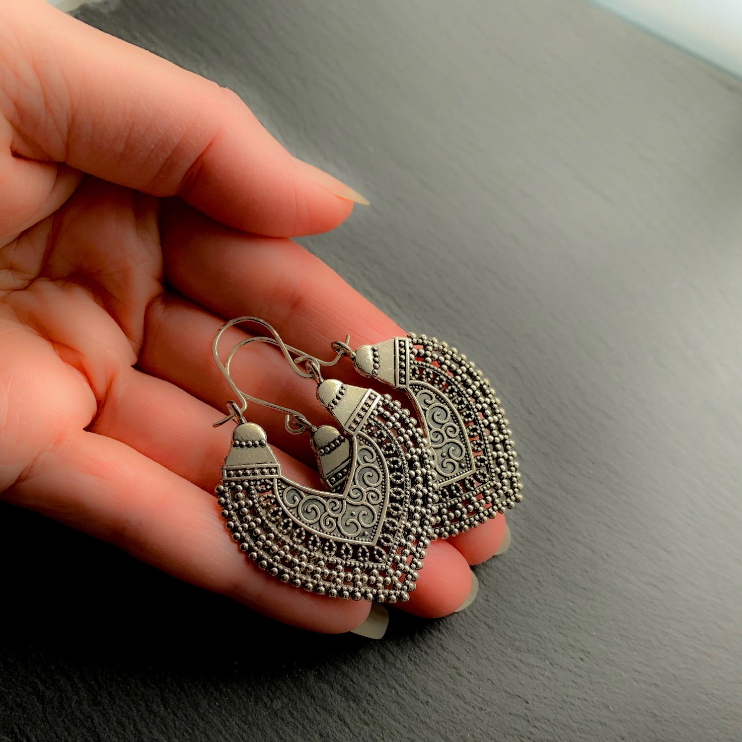 Tribal Heart Hoops. 925 Sterling Silver Ear-wire. Antique Silver Plated Cast Tibetan Silver/Pewter Hoops. Gypsy Earrings - Darkmoon Fayre