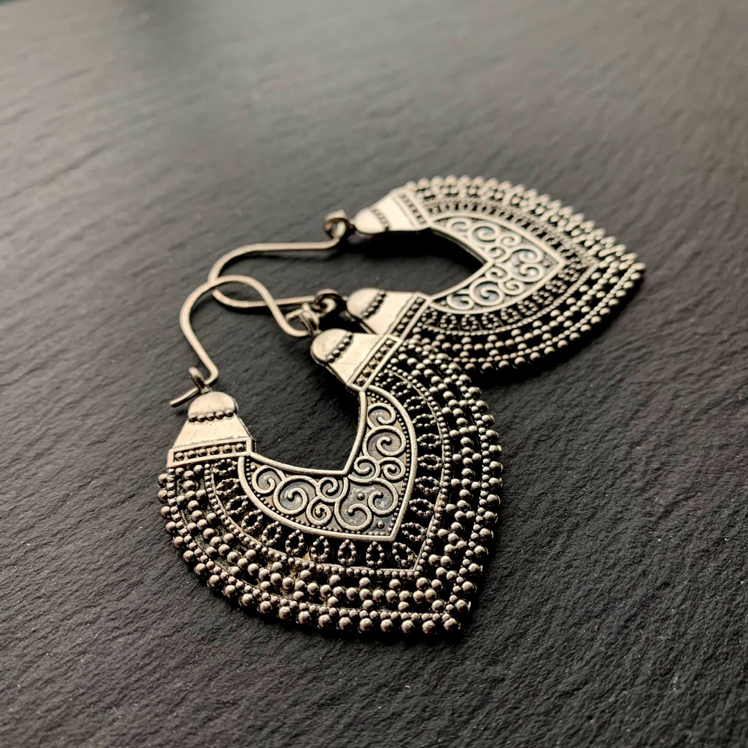Tribal Heart Hoops. 925 Sterling Silver Ear-wire. Antique Silver Plated Cast Tibetan Silver/Pewter Hoops. Gypsy Earrings - Darkmoon Fayre