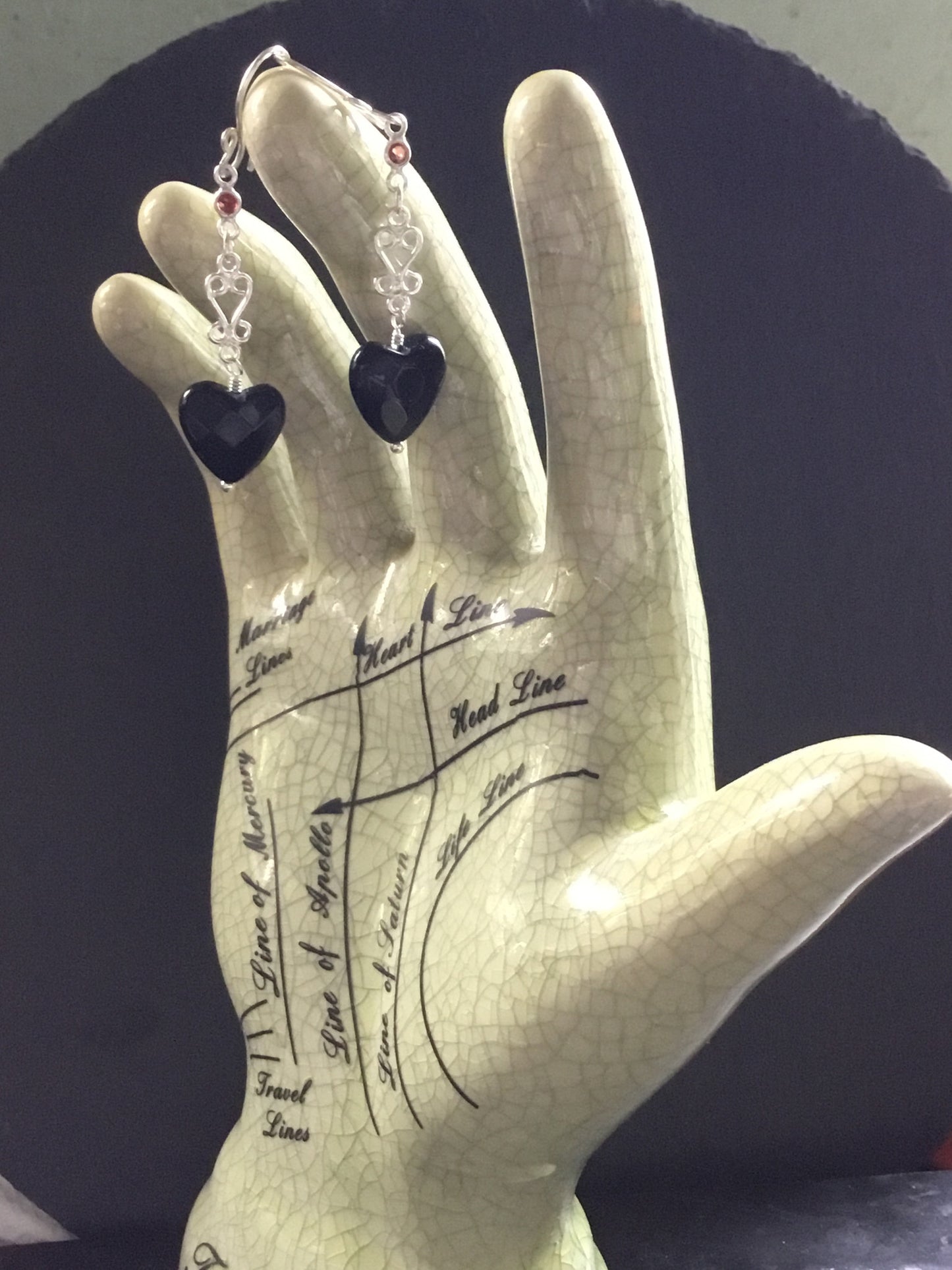 Bloody Valentine Earrings. Black Onyx Hearts, Faceted Garnets. All 925 Sterling Silver - Darkmoon Fayre