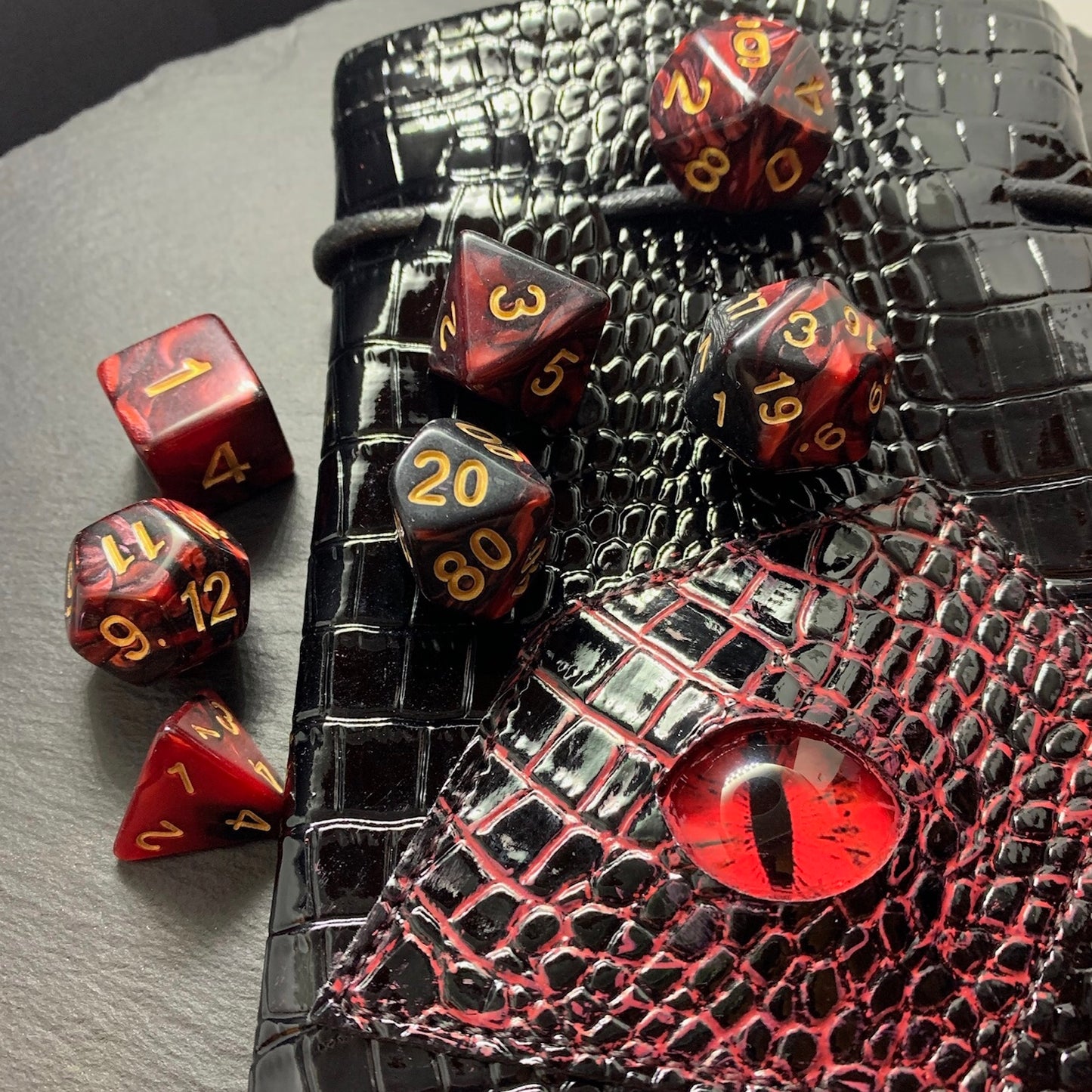 Red And Black Pearlescent DnD 7 Dice Set And Hand Painted Dragon Eye Pouch Set In Vegan Patent Leather - Darkmoon Fayre