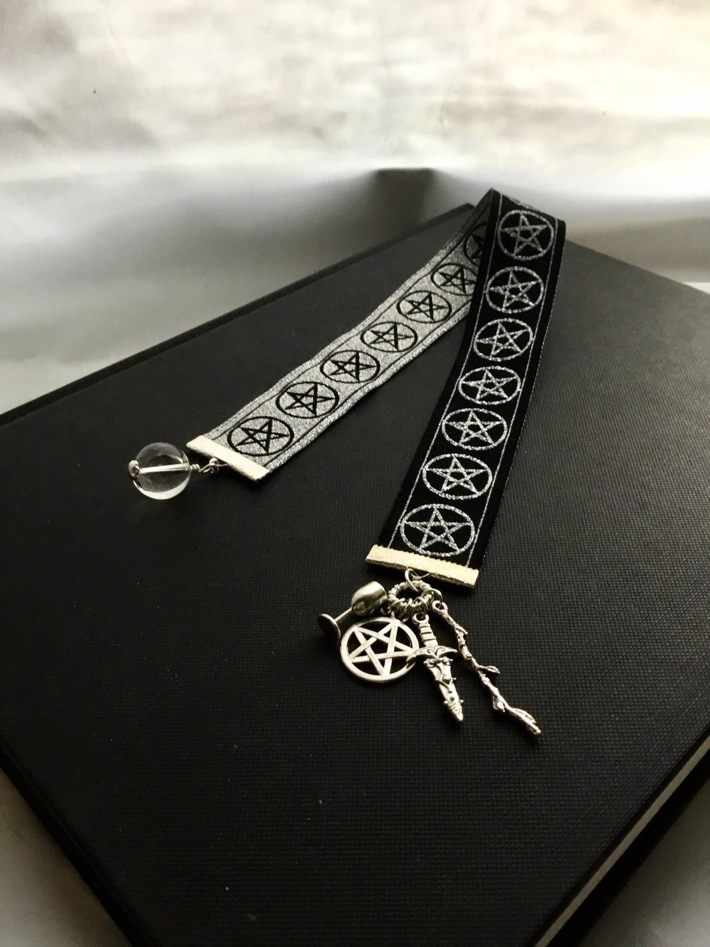 Fortune Teller’s Bookmark. Pentacle Silver Jacquard Ribbon. Tarot Suite Charms,Quartz Crystal “Ball" - Darkmoon Fayre