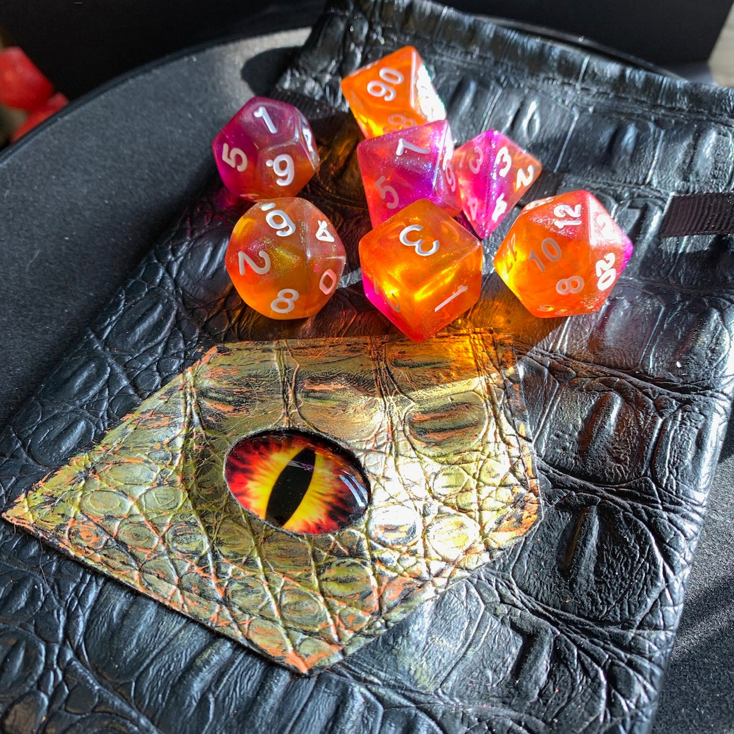 Golden Fire Dragon DnD 7 Dice Set And Hand Painted Dragon Eye Pouch Set In Vegan Leather - Darkmoon Fayre