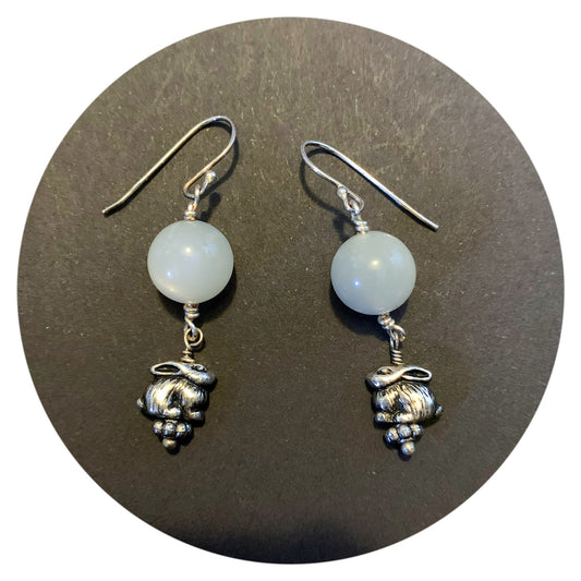 Lunar Rabbit Earrings With Grey Moonstone And Pewter Rabbits/Hares With 925 Sterling Silver Ear-wires - Darkmoon Fayre